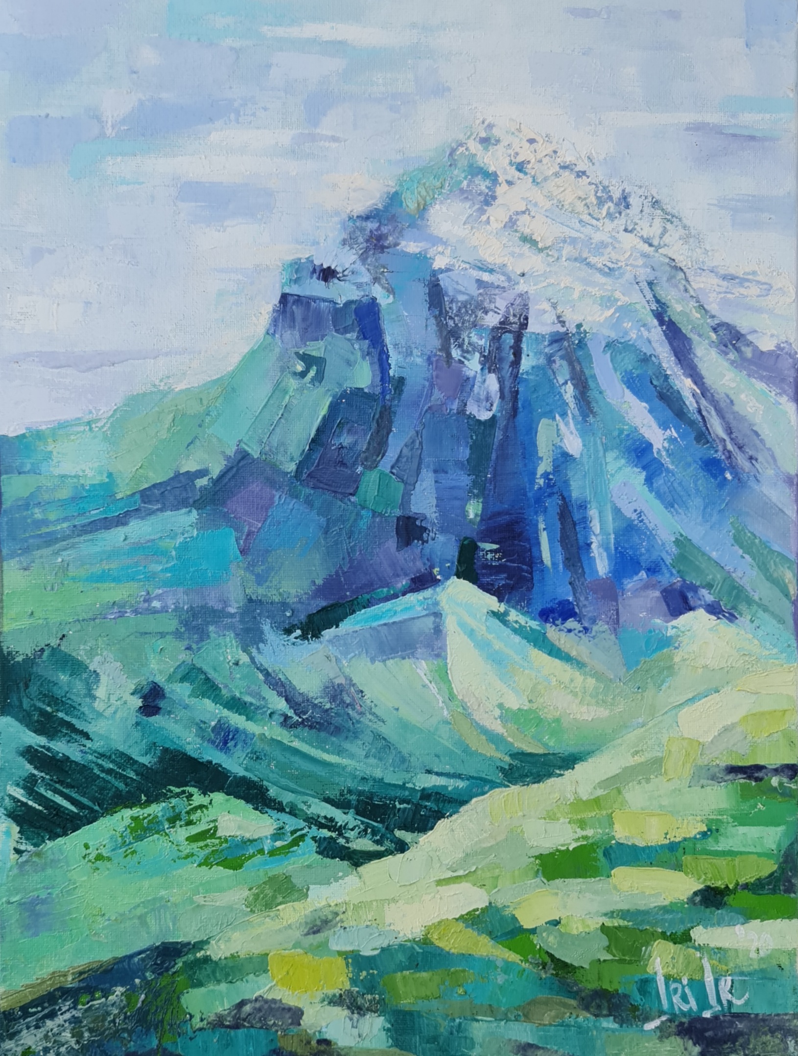 LONELY MOUNTAIN snow-peak abstract gift home office wall interior decoration blue green white Christmas painting art work travel climbing irina taneva