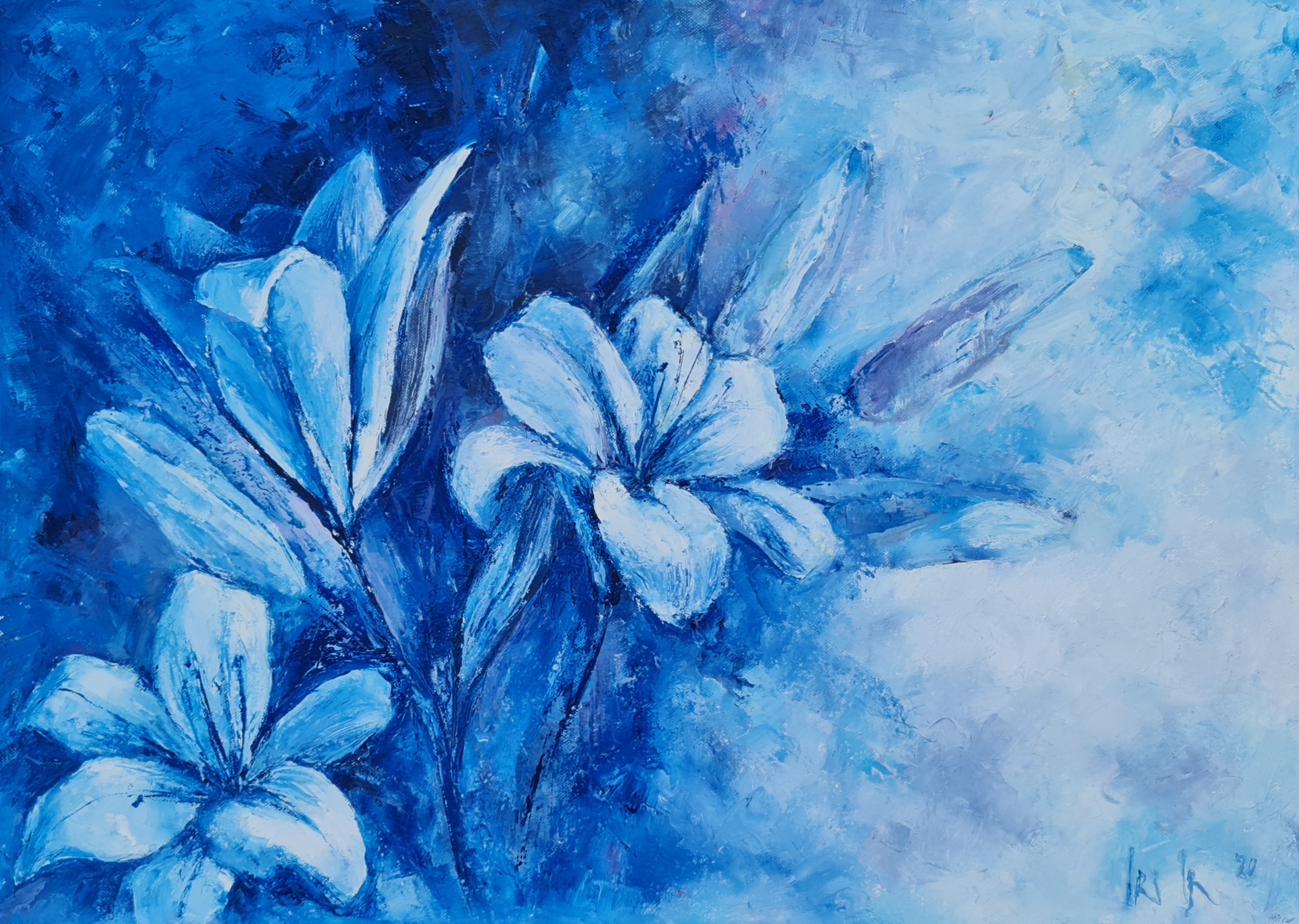 DANCING in a BLUE NIGHT Lilies original art painting textured flowers gift interior home wall decor natural lover white grey medium size irina taneva
