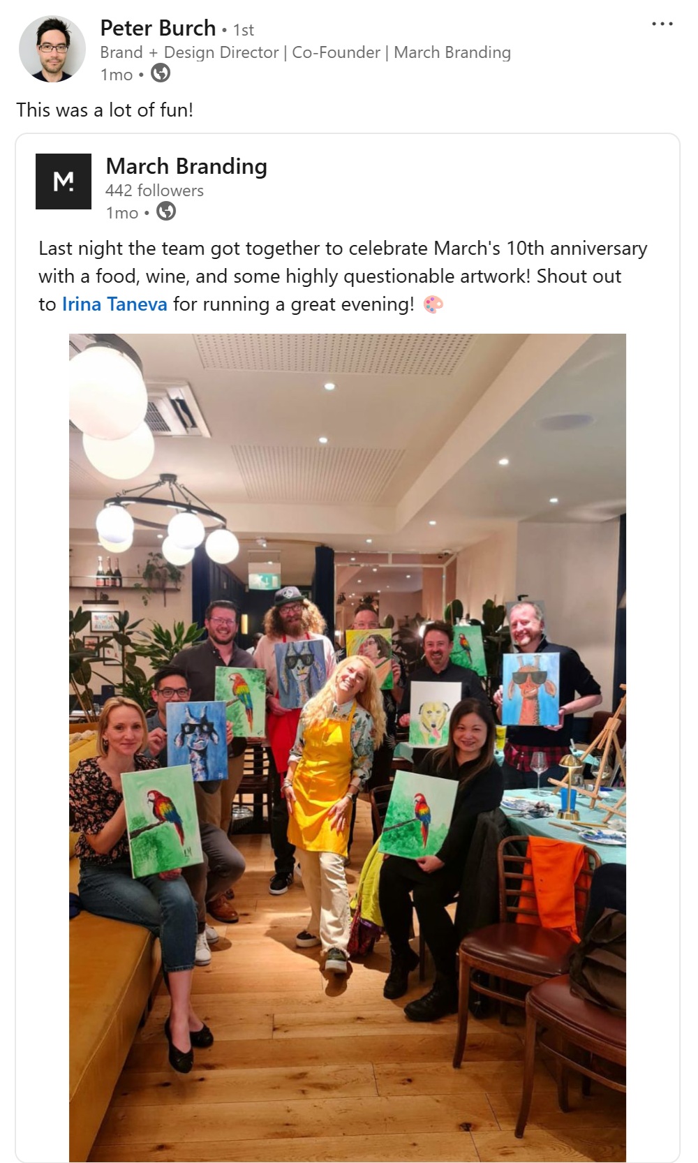 march branding staff party art sip and paint irina taneva