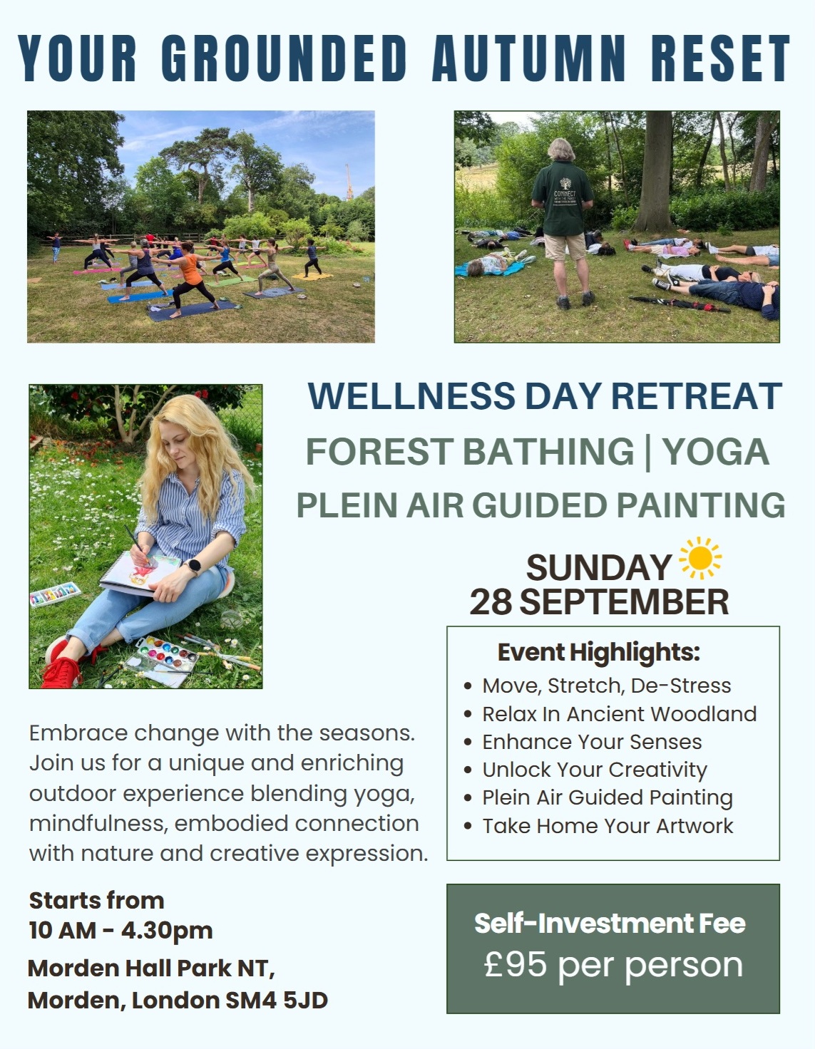 wellness day retreat yoga forest bathing plein air guided painting relaxing outdoor experience gift art retreat de-stress creativity