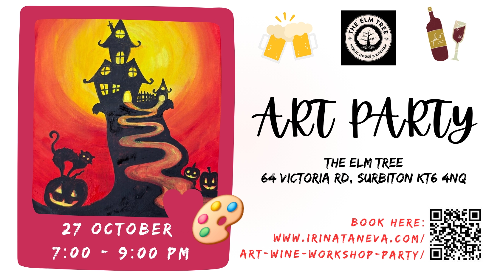 Halloween art wine sip paint family workshop party Surrey Kingston Surbiton Thames Ditton, Long Ditton Claygate, New Malden, Merton Chessington, Irina Taneva adult fun relax unwind Kingston upon Thames Surrey SAOS acrylic on canvas the elm tree pub Surbiton