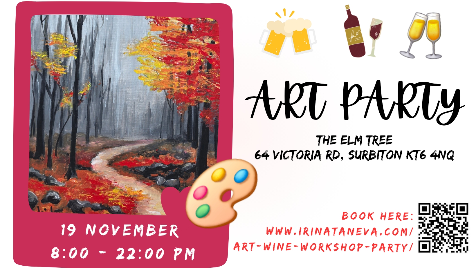 art wine sip paint workshop party Surrey Kingston Surbiton Thames Ditton, Long Ditton Claygate, New Malden, Merton Chessington, Irina Taneva adult fun relax unwind Kingston upon Thames Surrey SAOS acrylic on canvas the elm tree pub surbiton