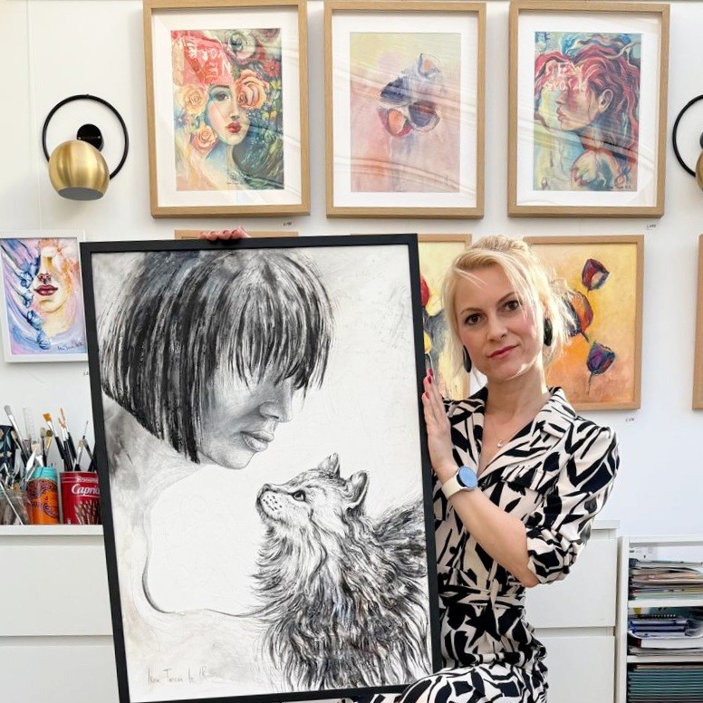 Irina Taneva Iri IR Fine Art Painter Studio Abstract realism style SAOS KAOS VAA open studios cat drawing painting mixed media