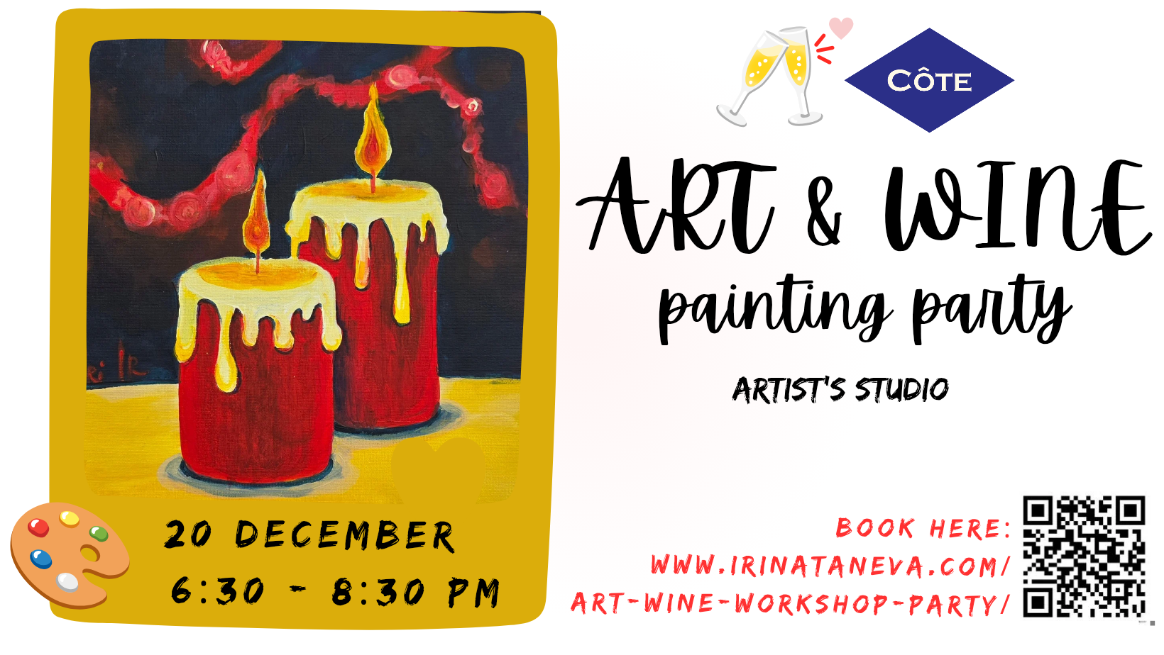 festive Christmas sip and paint event art wine sip paint adult workshop party Surrey Kingston Surbiton Thames Ditton, Long Ditton Claygate, New Malden, Merton Chessington, Irina Taneva adult fun relax unwind Kingston upon Thames Surrey acrylic on canvas Candles artist studio Kingston Chessington Surbiton Claygate Thames Ditton Esher Hinchey Wood New Malden