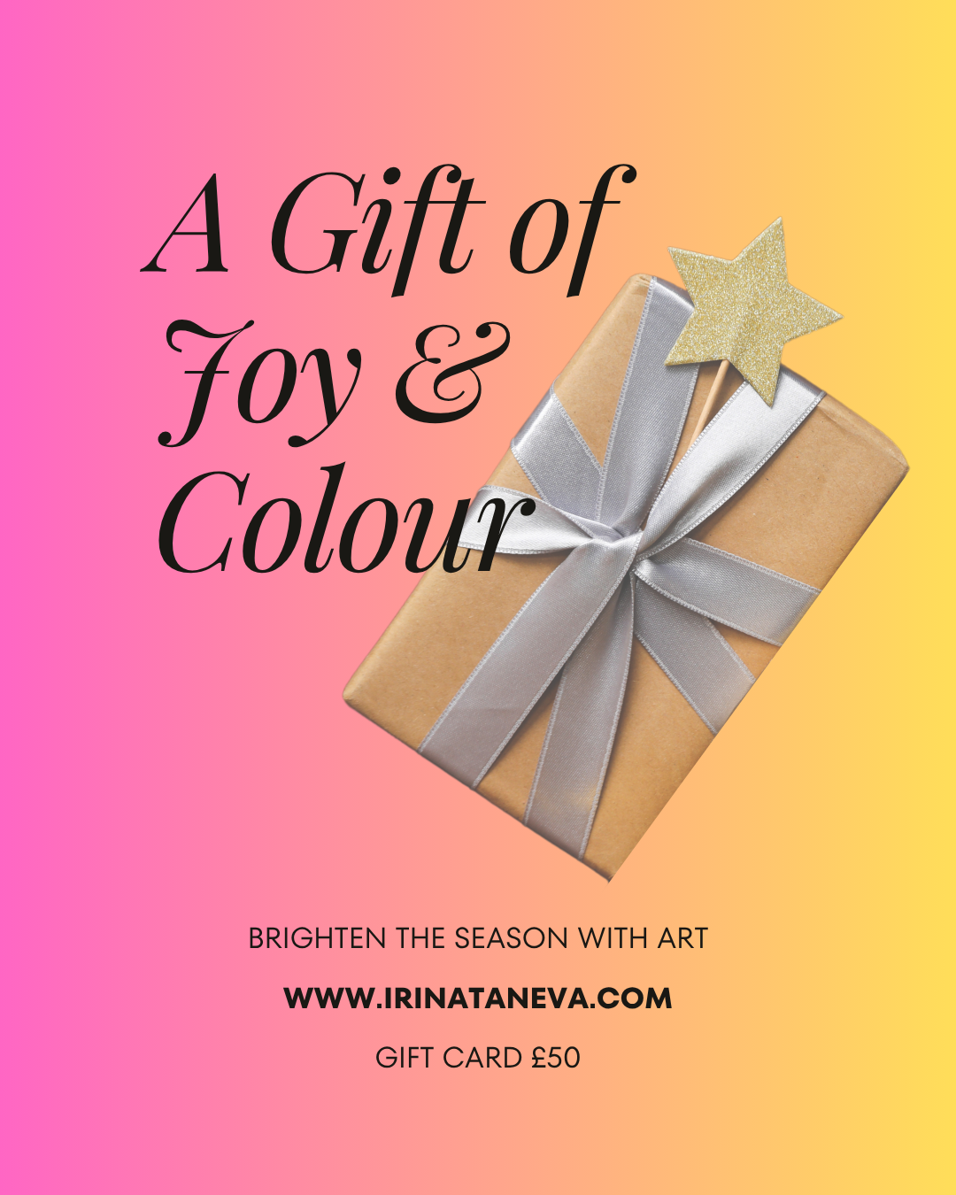 gift card 50 Give someone the magic of creativity. This gift card opens the door to inspiring art classes, relaxing social painting parties, festive workshops — or even a beautiful artwork or print £20 £30 £50