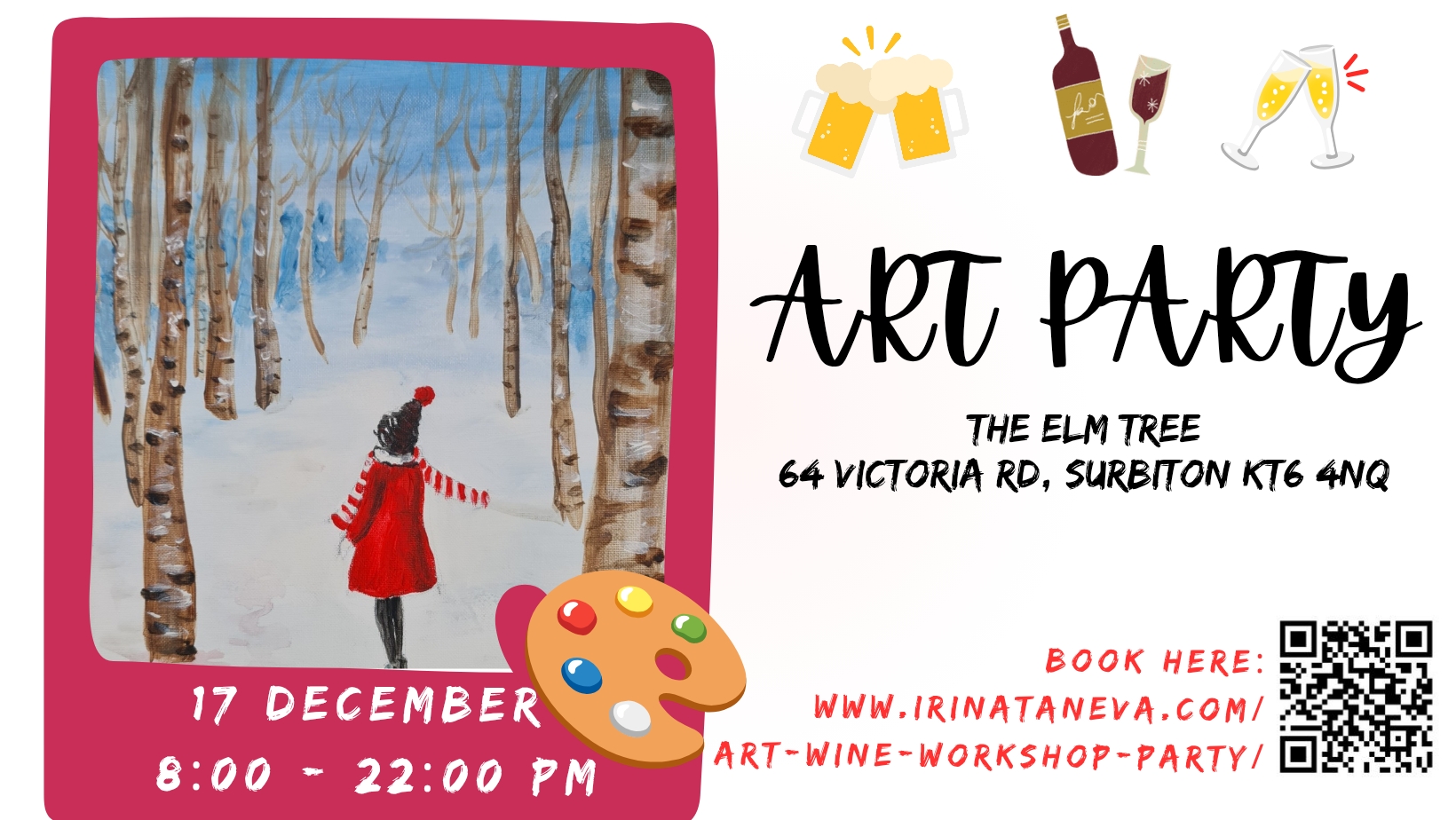 festive Christmas sip and paint event art wine sip paint adult workshop party Surrey Kingston Surbiton Thames Ditton, Long Ditton Claygate, New Malden, Merton Chessington, Irina Taneva adult fun relax unwind Kingston upon Thames Surrey acrylic on canvas the elm tree pub Surbiton