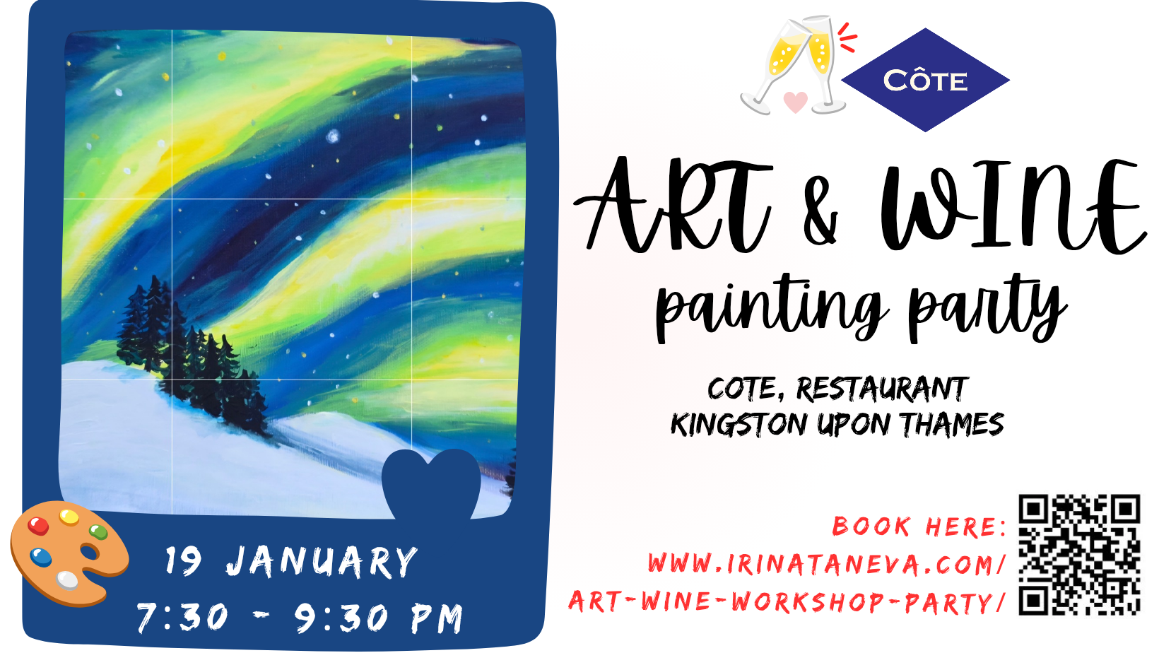 Christmas party idea team building friends family sip and paint event Kingston upon Thames London art wine sip paint workshop party Irina Taneva adult fun relax unwind Kingston upon Thames Surrey august event fun acrylic on canvas