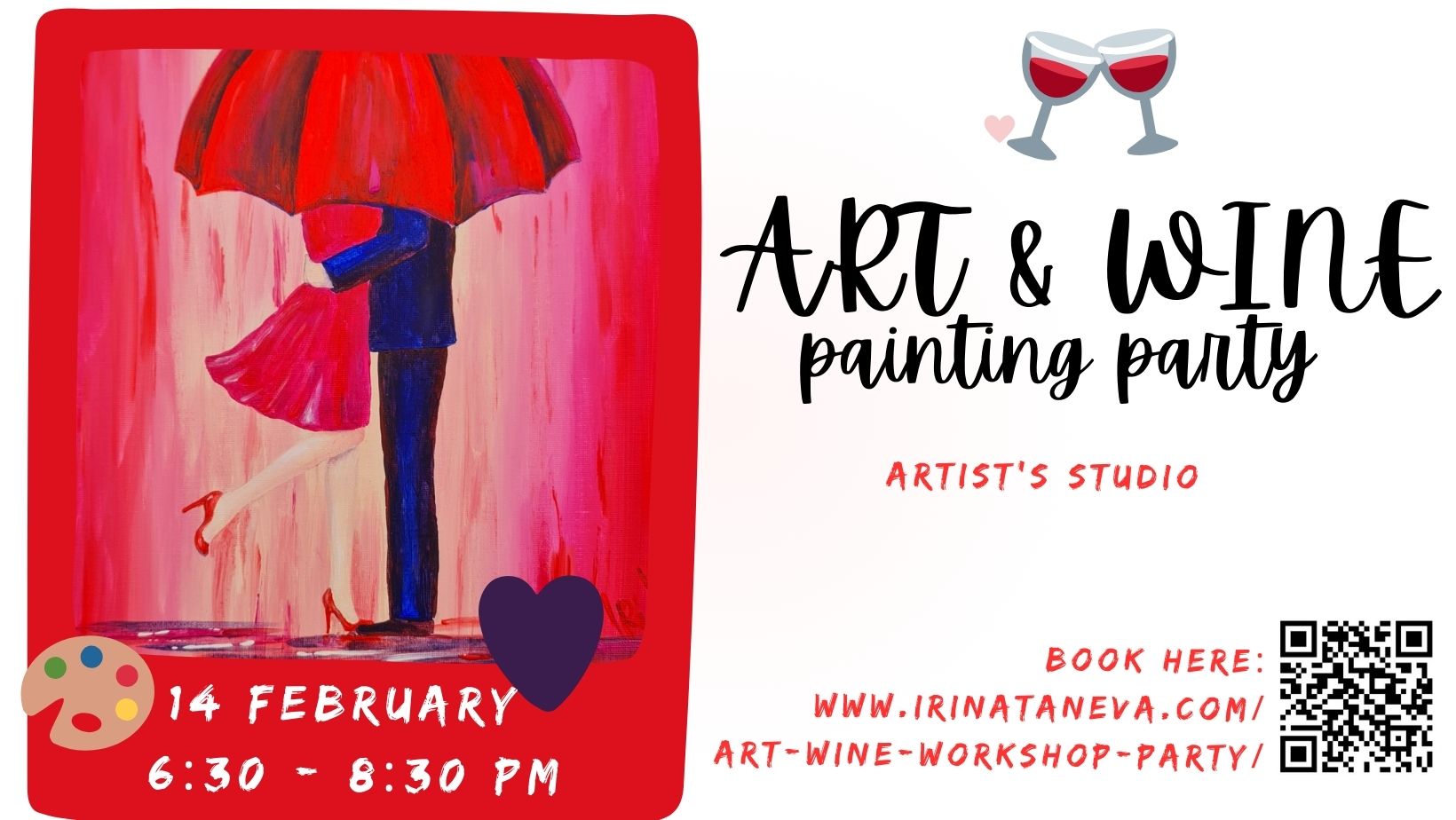 14 February gift idea couple activity creative sip and paint kiss acrylic art and wine painting party Irina Taneva Kingston Surbiton Claygate Chessington New Malden Morden Leatherhead Ewell Epsom Esher