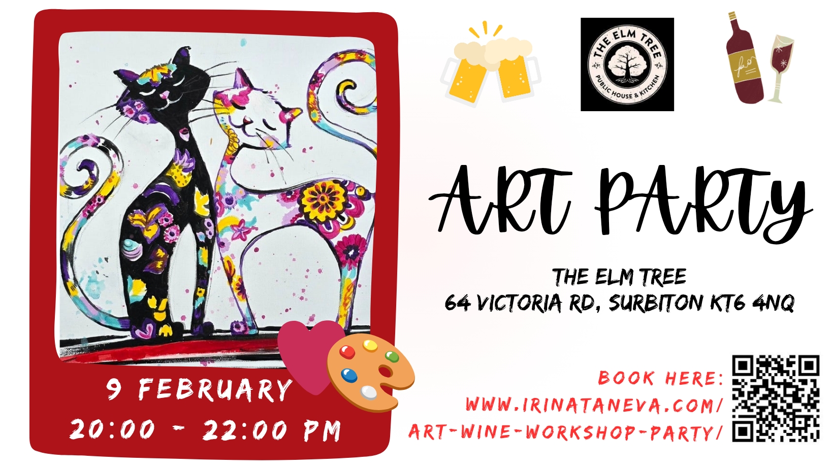 14 February gift idea couple activity creative sip and paint kiss acrylic art and wine painting party Irina Taneva Kingston Surbiton Claygate Chessington New Malden Morden Leatherhead Ewell Epsom Esher