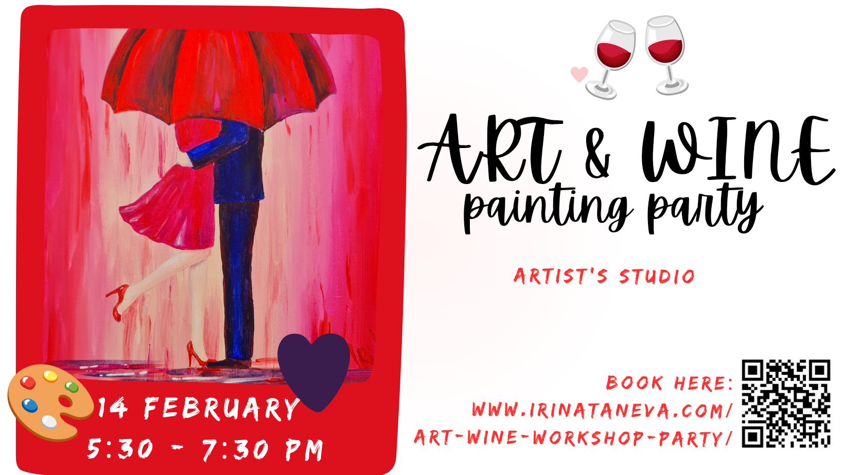 14 February gift idea couple activity creative sip and paint kiss acrylic art and wine painting party Irina Taneva Kingston Surbiton Claygate Chessington New Malden Morden Leatherhead Ewell Epsom Esher