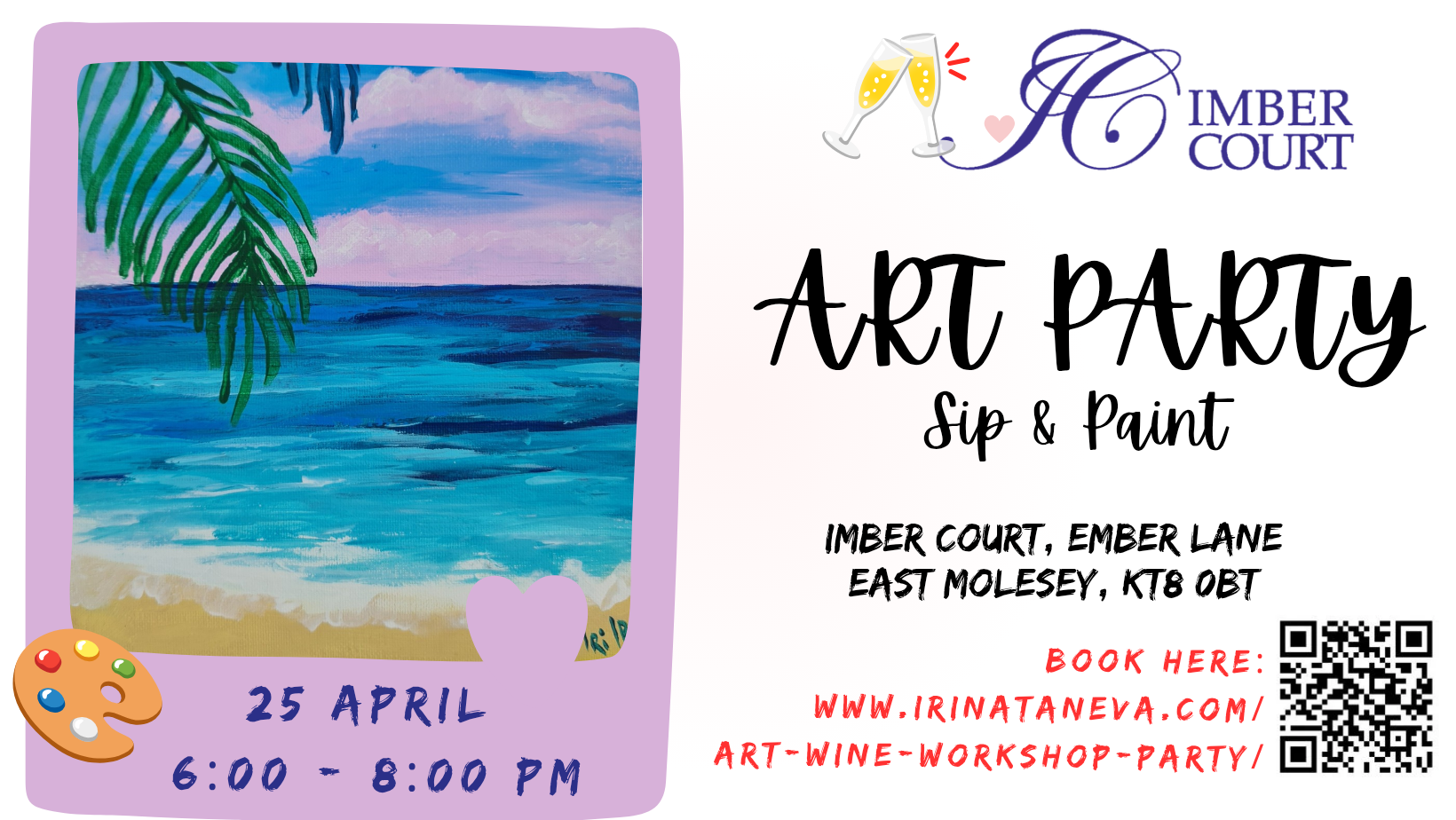 party idea team building friends family sip and paint event Kingston upon Thames London art wine sip paint workshop party Irina Taneva adult fun relax unwind Kingston upon Thames Surrey august event fun acrylic on canvas snowdrops sip and paint