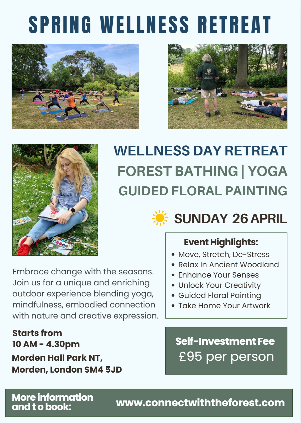 wellness day retreat yoga forest bathing guided floral acrylic painting step-by-step art class Waster Park London  Morden Hall Park National Trust relaxing outdoor experience gift art retreat de-stress creativity