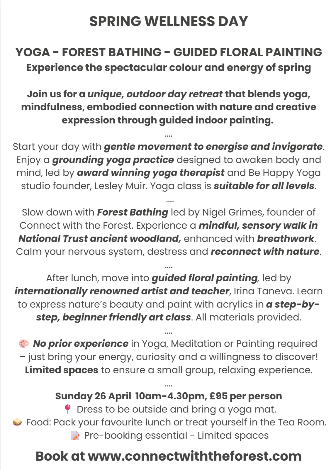 wellness day retreat yoga forest bathing guided floral acrylic painting step-by-step art class Waster Park London Morden Hall Park National Trust relaxing outdoor experience gift art retreat de-stress creativity