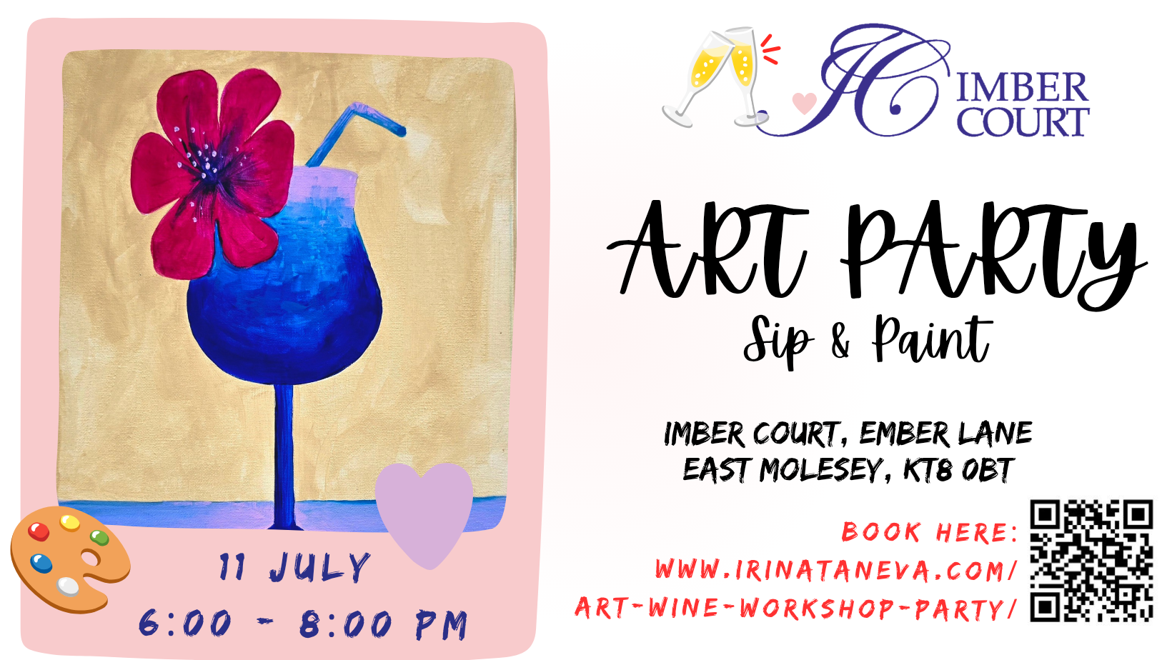 party idea team building friends family sip and paint event Kingston upon Thames London art wine sip paint workshop party Irina Taneva adult fun relax unwind Kingston upon Thames Surrey august event fun acrylic on canvas snowdrops sip and paint