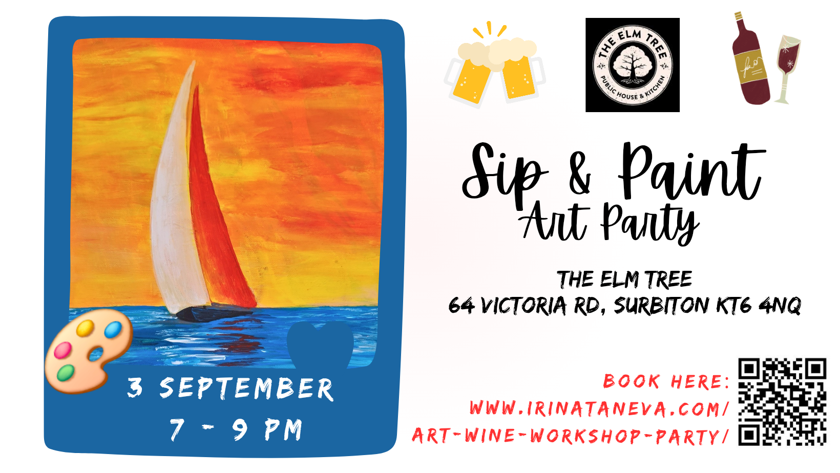 ElmTree pub party idea team building friends family sip and paint event Kingston upon Thames London art wine sip paint workshop party Irina Taneva adult fun relax unwind Kingston upon Thames Surrey august event fun acrylic on canvas beach launch chairs umbrella straw sip and paint