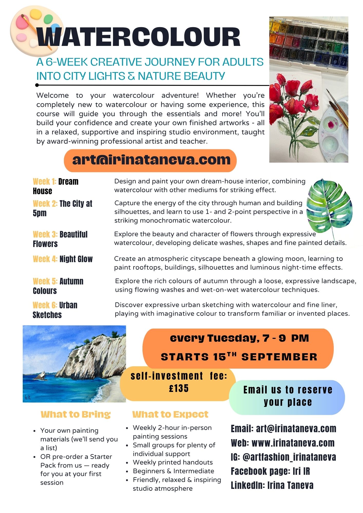 weekly watercolour class for adult beginner and intermediate Chessington Surrey Surbiton Claygate Epsom Ewell Leatherhead Thames Ditton Kingston upon Thames New Malden Hinchley Wood Esher taught by professional artist and art teacher Irina Taneva award winning best micro freelancer business kbba awards urban sketch city landscapes flowers nature weekly watercolour class for adult beginner and intermediate Chessington Surrey Surbiton Claygate Epsom Ewell Leatherhead Thames Ditton Kingston upon Thames New Malden Hinchley Wood Esher taught by professional artist and art teacher Irina Taneva award winning best micro freelancer business kbba awards urban sketch city landscapes flowers nature