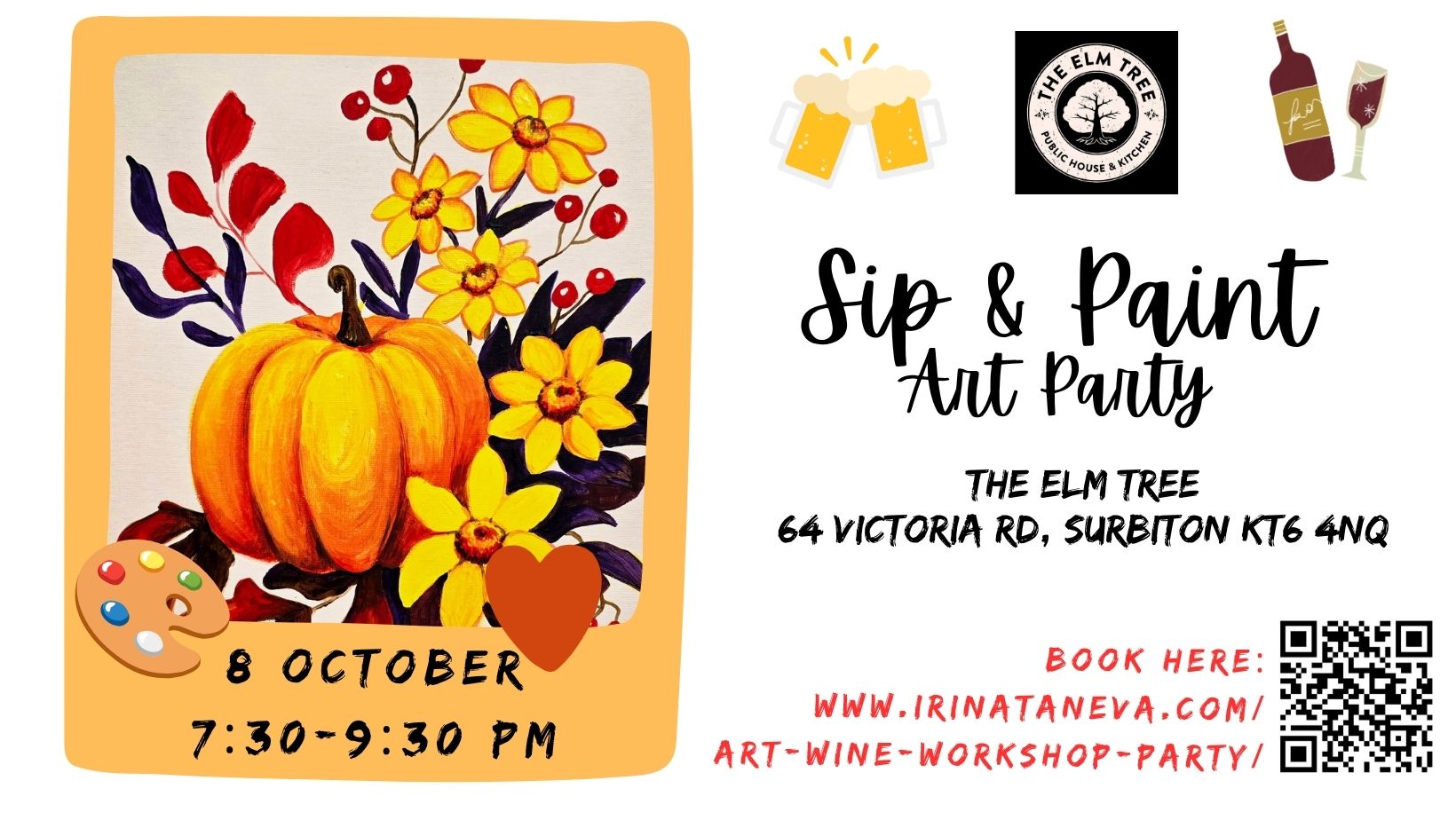 october sip and paint art party Surbiton Kingston London Richmond pumpkin halloween adult fun painting and drinking no experience family and friends event  Elm Tree pub