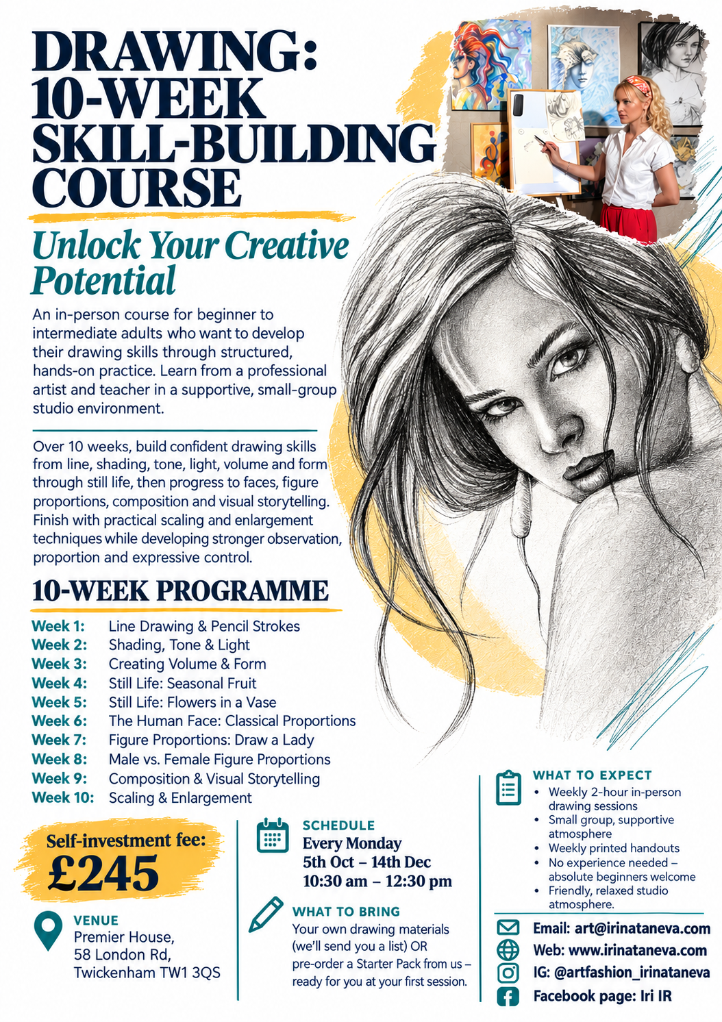 drawing course for adult beginner and intermediate 10 weeks autumn term october november and december course with professional artist and art teacher Irina Taneva Iri IR at Premier House Twickenham London fun relaxing educational new hobby idea