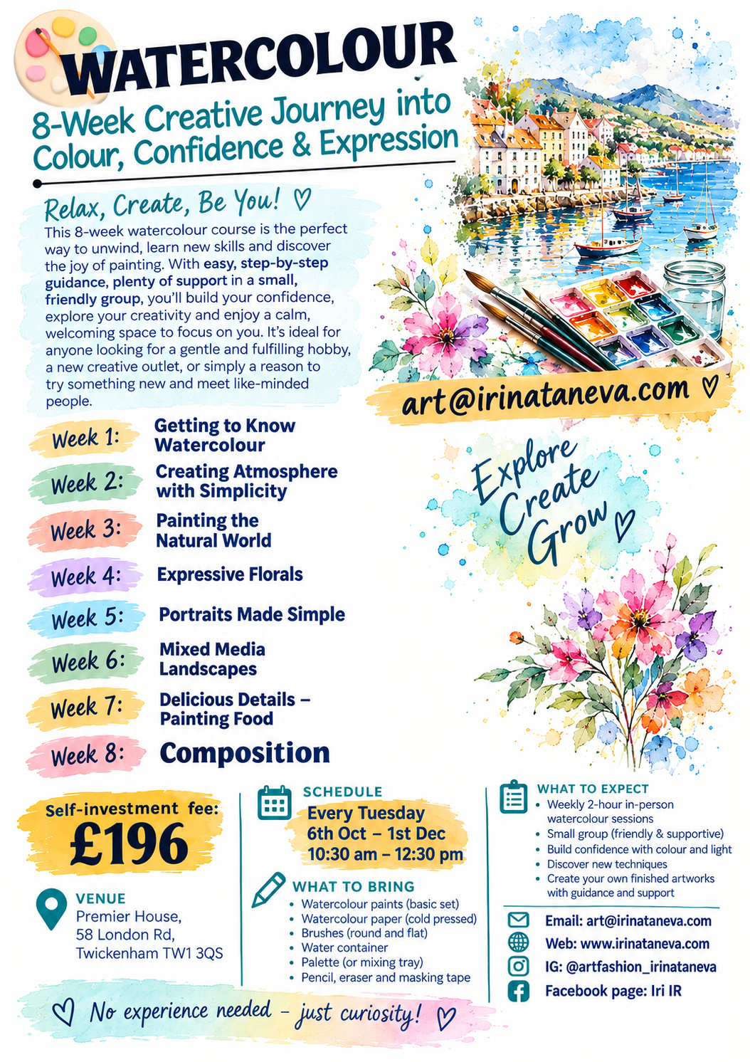WATERCOLOUR COURSE FOR BEGINER AND INTERMEDIATE ADULTS at premier house twickenham London with professional artist and teacher irina Taneva Iri IR 8 week unleash your creativity relaxed friendly small group painting colour