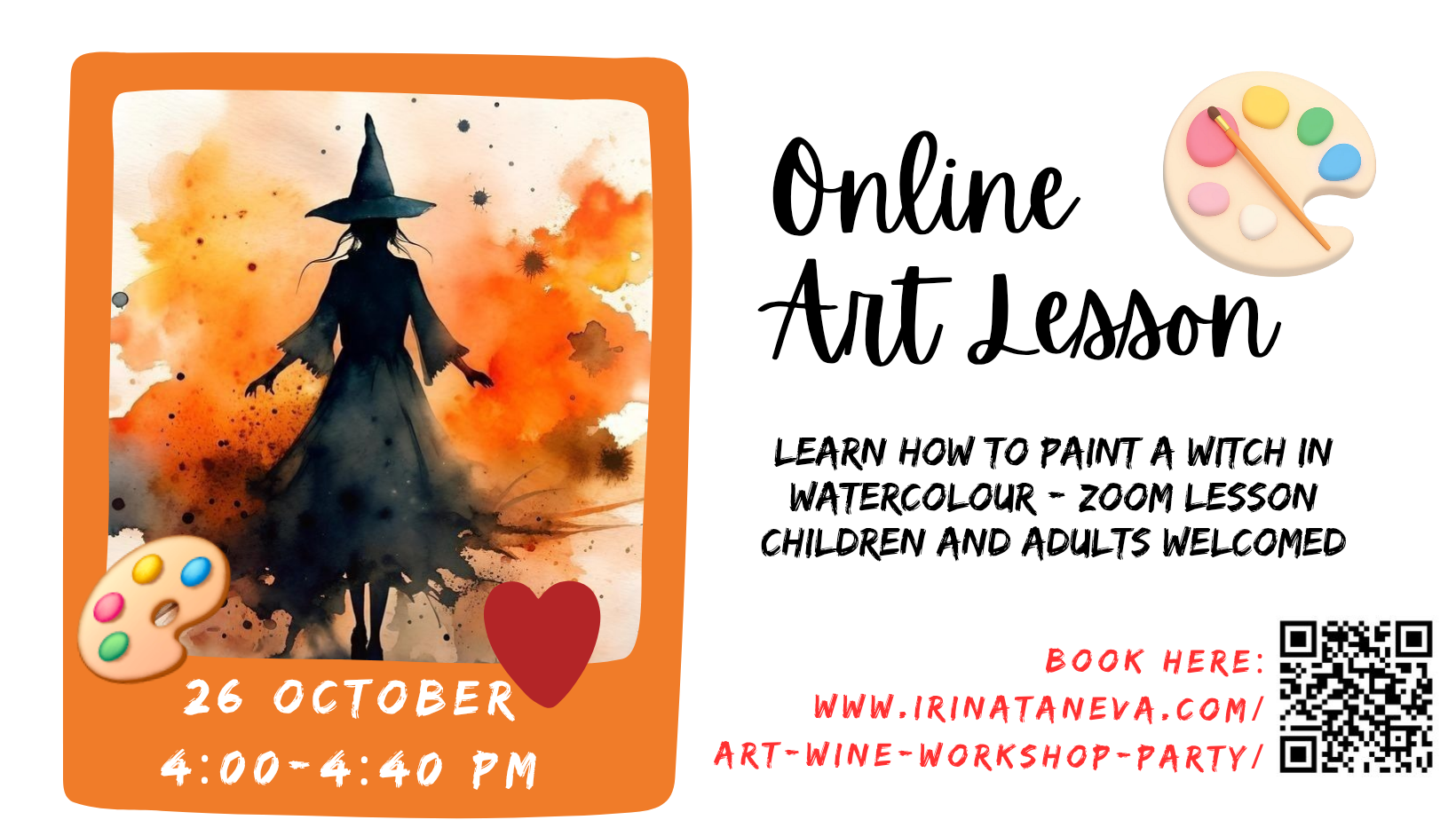 paint a witch in watercolour halloween fun children adults art activities creative workshop small groups individual help half term art lessons children teen adults online art lesson with demonstration guidance and personal feedback