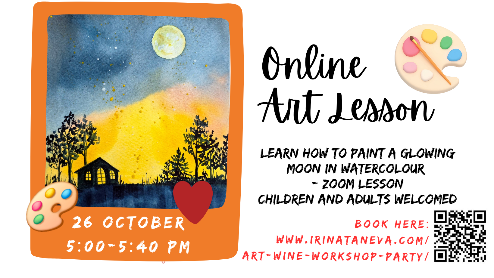 paint a glowing moon in watercolour halloween fun children adults art activities creative workshop small groups individual help half term art lessons children teen adults online art lesson with demonstration guidance and personal feedback
